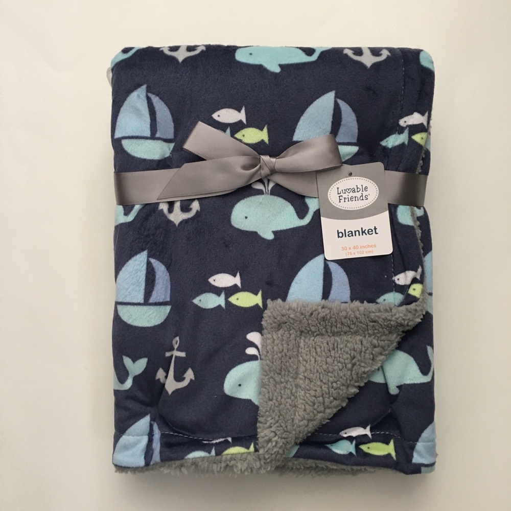 NEW Baby Blanket Navy Gray Sherpa Reverse Whales & Sailboats Luvable Friends